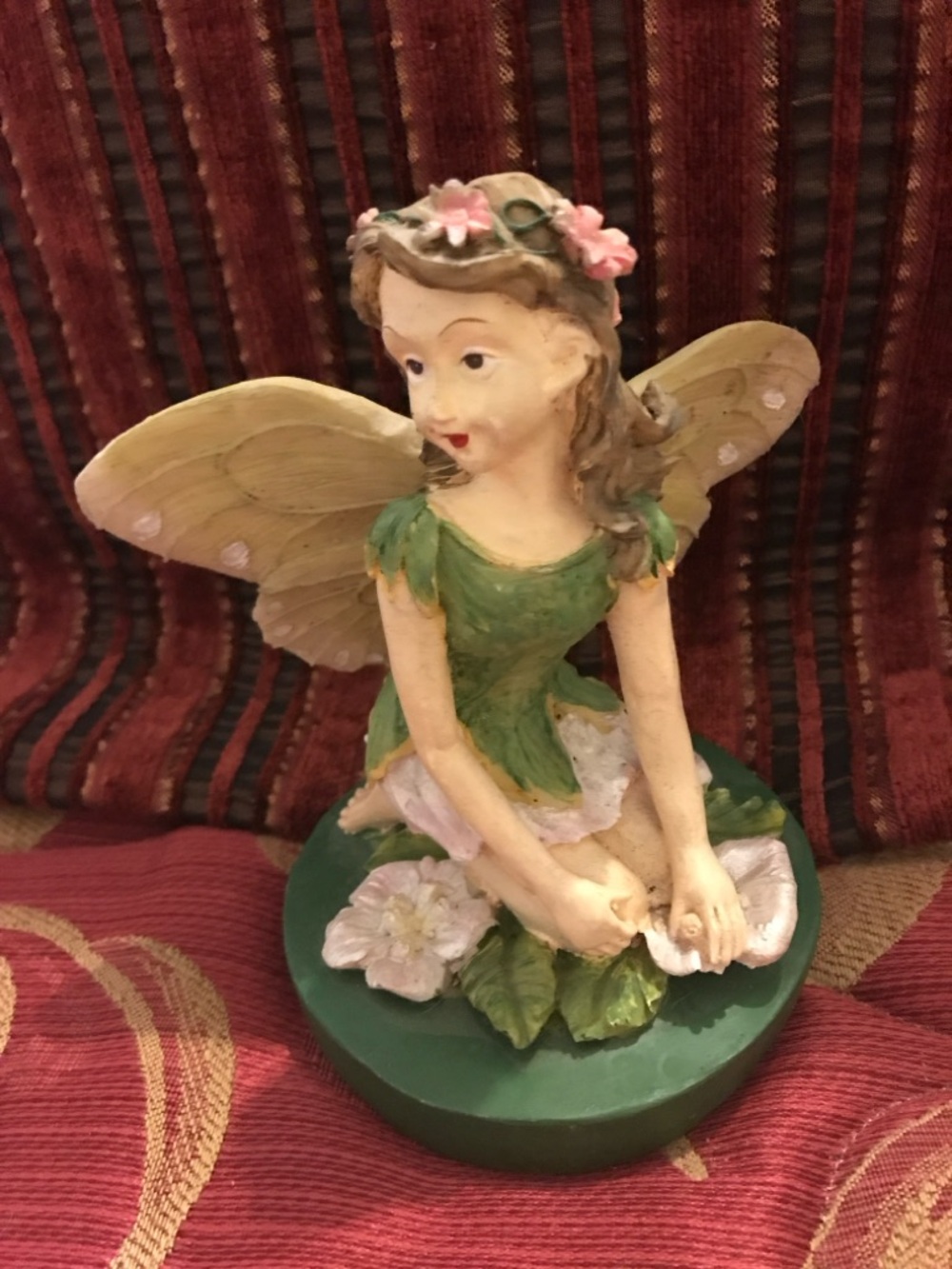 Green Fairy Figurine with Pink Flowers